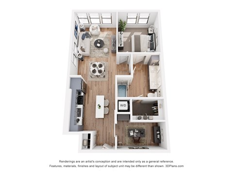 Floor plan for 1 bed, 1 bath, 897 sqft